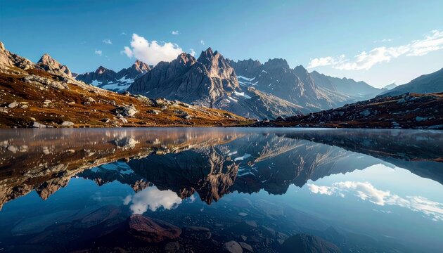A tranquil alpine lake perfectly mirrors the sharp, rocky mountain range and the golden hues of the surrounding autumnal terrain.