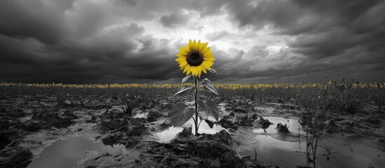 Vibrant yellow sunflower stands alone in a dark, muddy landscape under a stormy sky, highlighted with selective color, symbolizing hope and resilience.
