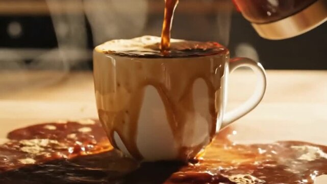 Coffee spills over a white mug onto a light wooden surface dark liquid drips