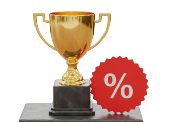 Golden trophy with percentage symbol isolated on transparent background for discounts and promotions