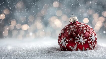 A close-up of a red glittering holiday ornament with silver snowflake designs nestled in white snow with a bokeh light background - Powered by Adobe