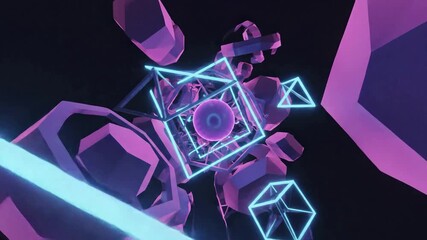 Abstract Neon Geometric Tunnel Flythrough with Glowing Shapes in 4K - Powered by Adobe