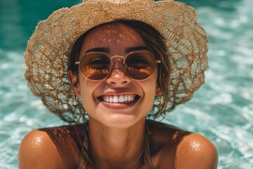 Smiling Woman Enjoys Sunny Day by the Pool With Straw Hat and Sunglasses