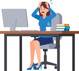 Cartoon stressed person at computer desk with books and coffee, overwhelmed worker or student vector illustration showing anxiety, frustration, deadline pressure