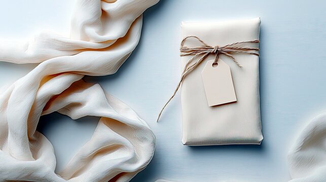 A neatly wrapped gift box with a blank tag sits beside soft, flowing fabric, suggesting a special occasion or thoughtful present.