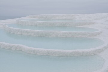 White terrace pools filled with turquoise water
