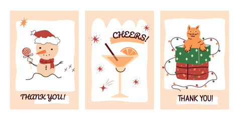 a glass with a cold drink, stars, applause. a cat in a box, a snowman with a candy. a set of cute postcards. with festive applause, for a banner, social media, postcard, print. vector art illustration