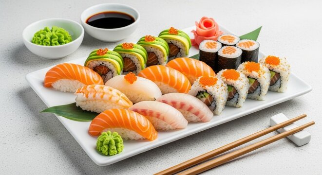Delicious sushi platter featuring various types of sushi and fresh toppings served with wasabi and soy sauce