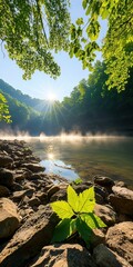 Serene Riverbank at Sunrise with Mist and Lush Greenery