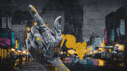 Tattooed hand with middle finger up over a grayscale cityscape background. Rebellious art for expressing dissent, protest, or edgy urban concepts. Bold and unique.