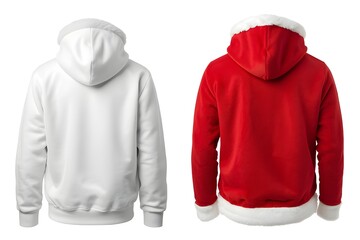 front and back views of two hoodies made with a red and white Santa Claus coat pattern.
