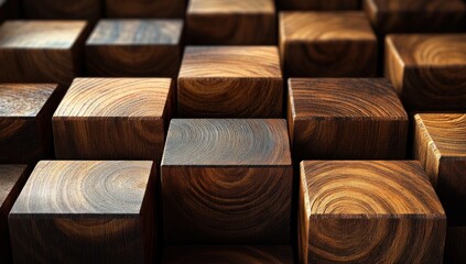 Dark Wooden Cubes Background with Natural Wood Grain Texture and Geometric Pattern