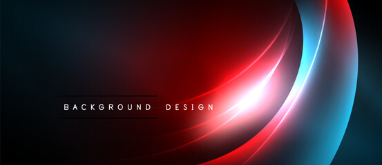 Abstract background features vibrant curves. Red, blue gradients blend into dark space. Modern design element for digital projects.