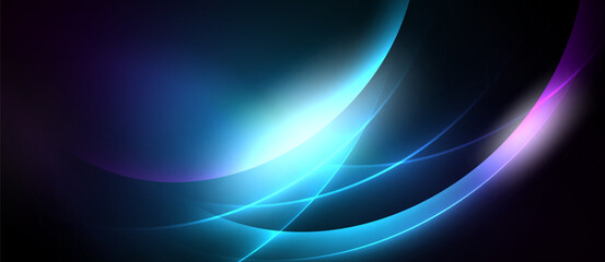 Abstract design features flowing curves, vibrant blues, purples, white light. Smooth gradients create dynamic visual effect.