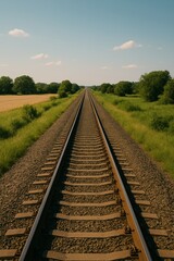 Railway tracks stretching through green countryside