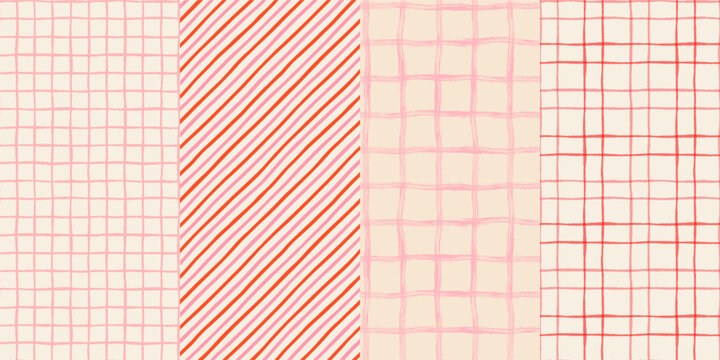 Pink and red check and stripe seamless vector patterns set, Cute cream pastel colors gingham backgrounds for Christmas and Valentine's day designs
