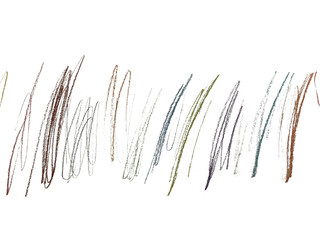 Colorful scribble drawn by hand in wax crayons or pencils, isolated on a transparent background. Childish doodles. Cool, trendy overlay for creative background. Chaotic multicolor winding lines sketch