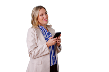 Professional woman using mobile phone, texting, communicating, networking, smiling, looking away, with transparent background