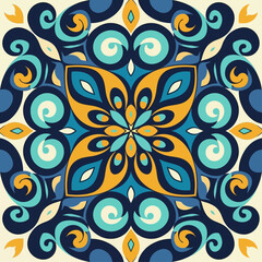 Naklejka premium Decorative Mandala Pattern in Blue, Yellow, and Cream Colors for Seamless Design
