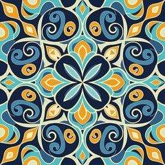 Fototapeta premium Ornate seamless decorative pattern with vibrant symmetrical floral and scroll motifs, perfect for elegant backgrounds and digital design projects showcasing intricate graphic effects