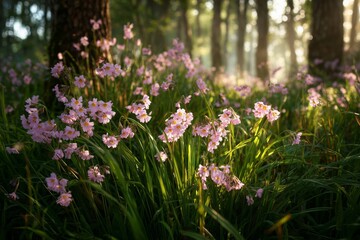 Obraz premium Blooming Pink Flowers in a Sunlit Forest During Early Morning Hours