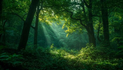 Obraz premium Ethereal Sunbeams Piercing Through Deep Forest Canopy, Illuminating Lush Green Undergrowth with Mystical Light.