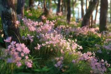 Obraz premium Beautiful Pink Flowers Bloom Among Trees During Golden Hour in a Serene Forest