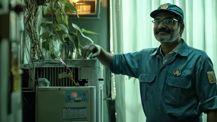 focused indian technician repairing indoor air conditioner. skilled handyman in uniform works on appliance. concept of hvac service, maintenance, and home repair.
