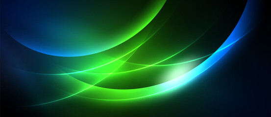 Abstract flowing lines, vibrant blues, greens create luminous effect. Dark background emphasizes bright curves, smooth gradients.