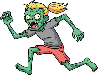 Cartoon zombie character with green skin, blonde ponytail hair, torn clothes, scary running pose, horror Halloween monster vector illustration for stock