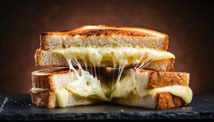 A perfectly toasted grilled cheese sandwich with a classic cheesy pull on a dark background