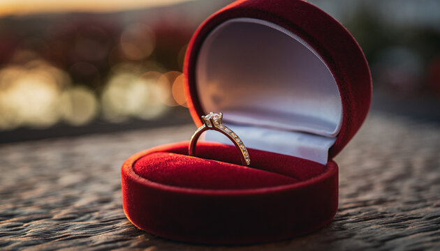 A Gold Engagement Ring in a Red Velvet Box Sparkles, Symbolizing Love and Commitment