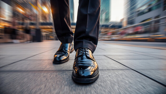 Businessman's determined stride through the bustling city street, showcasing professional ambition and progress