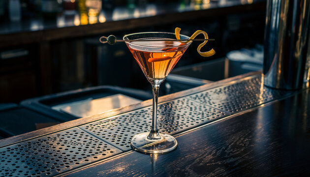 Classic cocktail with a lemon twist garnish sitting on a stylish bar counter - Powered by Adobe