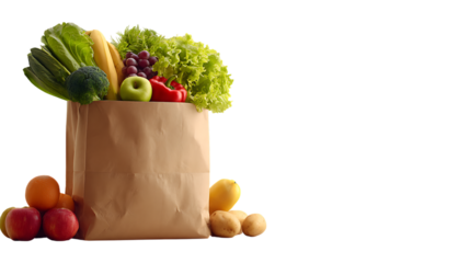 A paper grocery bag filled with fresh vegetables, lettuce, broccoli, bananas, grapes, red pepper, potatoes, and apples, placed with additional fruits and vegetables in front.