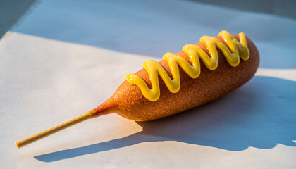 Delicious Corn Dog with Mustard Drizzle A Classic American Street Food Treat