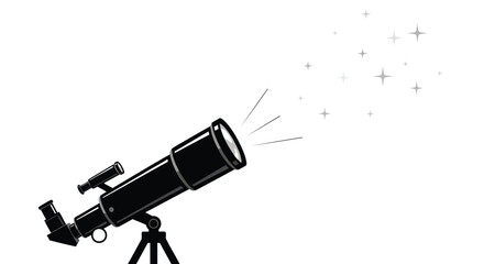 Black and white illustration of a telescope pointed towards a starry night sky with twinkling stars