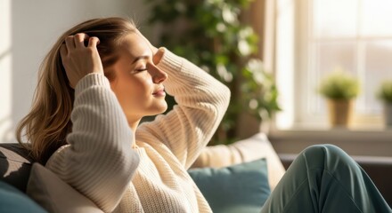 Young woman relaxing on a couch and enjoying sunlight in a cozy living room during the day