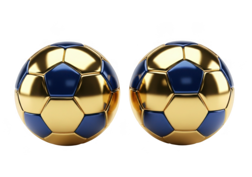 Two golden and blue soccer balls isolated on transparent background for sports and awards - Powered by Adobe