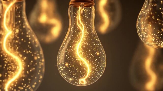 A close-up of decorative glowing light bulbs with wavy filaments and internal specks of light against a dark background