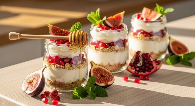 Elegant layered yogurt and granola parfaits with fresh figs, pomegranate seeds, and mint, drizzled with honey, presented on a wooden surface with a honey dipper - Powered by Adobe