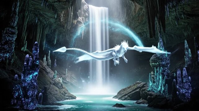 Fantasy illustration of a majestic white ice dragon flying inside a dark underground cave with a glowing waterfall and pool of light blue water.