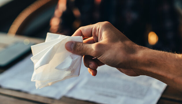 Hand Holding Crumpled Paper Napkin Close-Up View On Wooden Table With Blurry Background