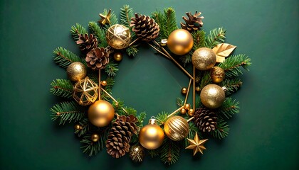 Christmas wreath green branches, golden ornaments, pinecones, stars form a circle. Dark green background
