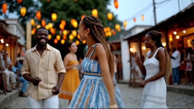 A group of people dancing in a street with lanterns hanging from the ceiling