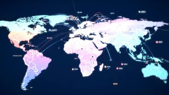 Colorful world map with glowing lines symbolizing global business connections, communication networks, and international logistics - Powered by Adobe