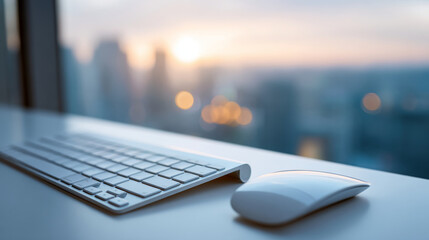 Close-up of modern wireless keyboard and mouse on desk with blurred cityscape and sunset background