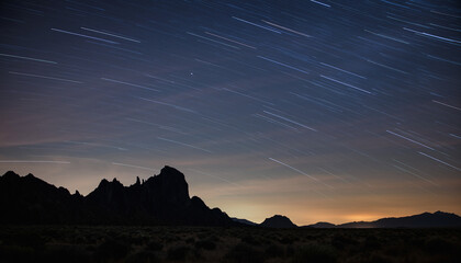 Cosmic ballet of starlight paints the vast night sky over ancient geological formations below