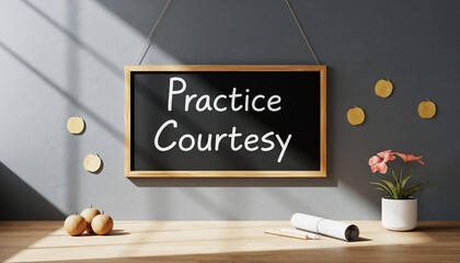 A chalkboard with 'Practice Courtesy' message promoting etiquette and good manners on display