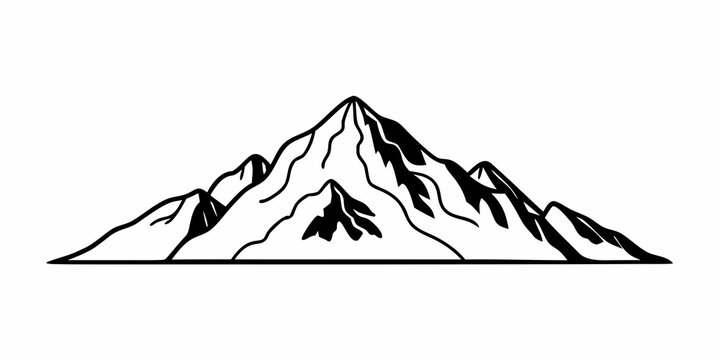 Illustration of a mountain range with a prominent peak and distinct ridges and valleys in black outline